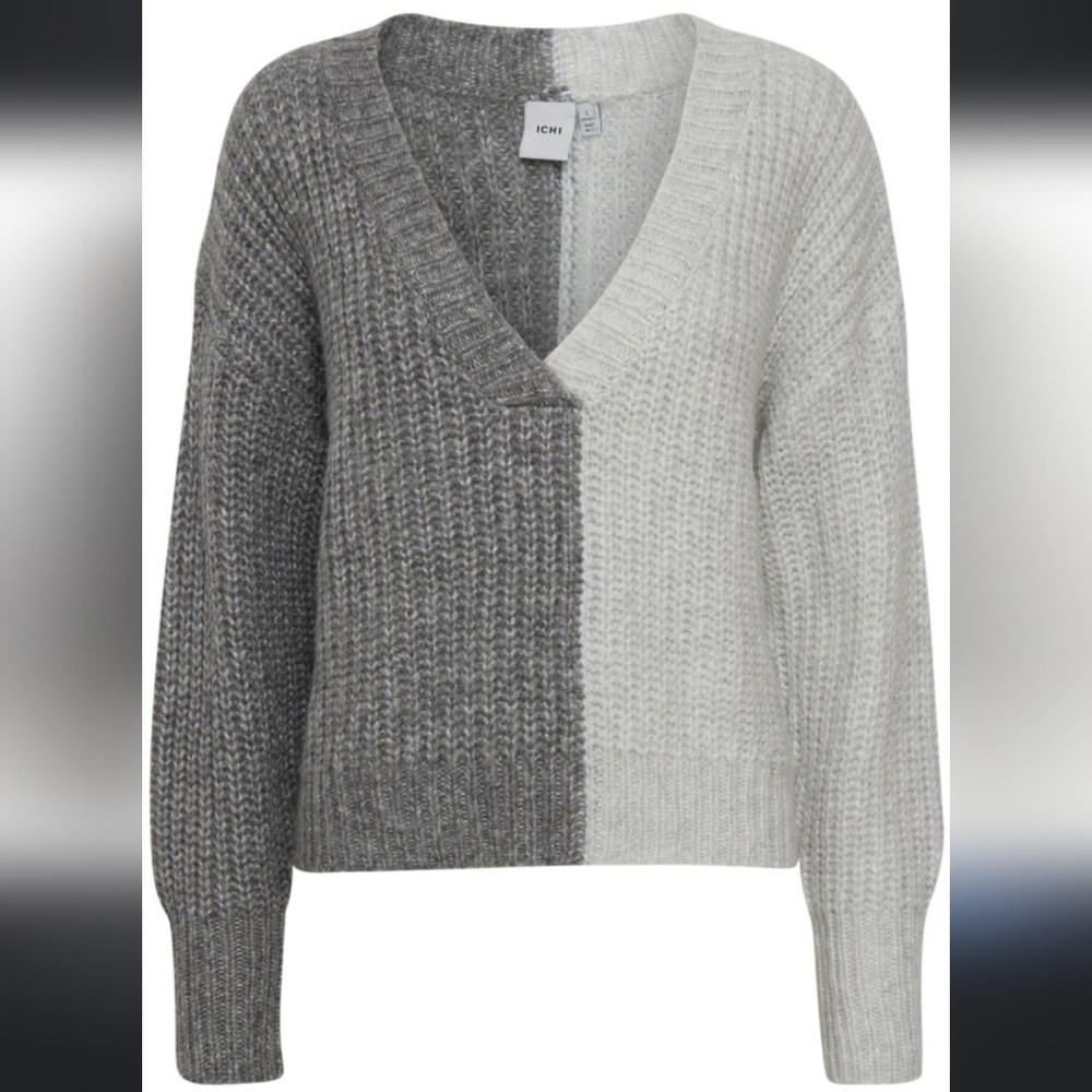 Ichi Colour Block Grey Knit V Neck Sweater Medium